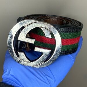 Gucci Black and Green Men's Belt with Silver Buckle